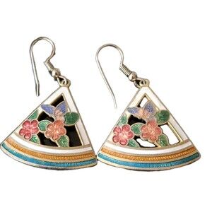 Vintage Cloisonne Enamel Butterfly Flowers Triangle Earrings  Dangle Drop